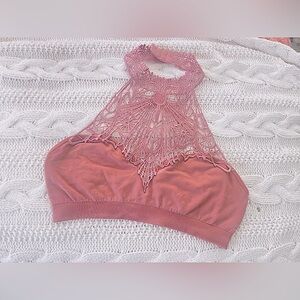 Handmade Pink Crochet Lace Intricate High Neck Bralette Cotton Bandeau Bra Top